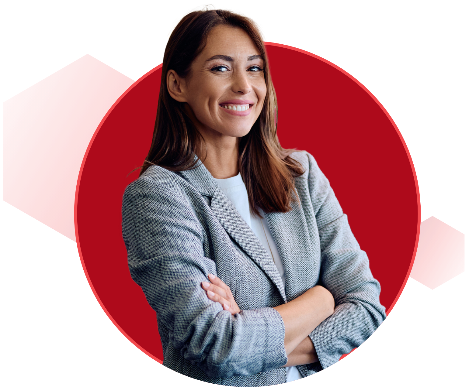 A professional woman in a business suit stands confidently before a large red circle, symbolizing focus and determination.